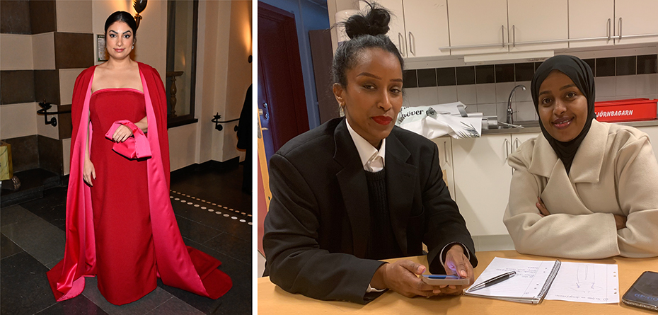 Partiledare Nooshi Dadgostar (V) t v på Nobelfesten i sin vackra röda klänning signerad Viktorya Abraham, till höger tillsammans med Nimo Abdirahman med UF-företaget NimoA UF. Nooshibilden tagen av Jonas Ekströmer TT.